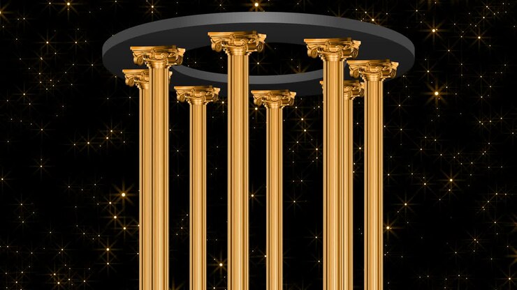 Gold columns. Round rotating rotunda.