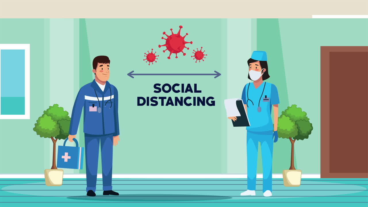 nurse wearing medical mask and paramedic with social distancing for covid19 prevention