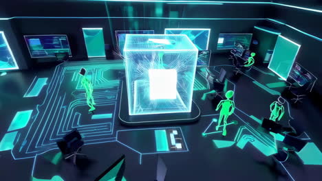 futuristic cyberspace environment with glowing data cube and digital figures