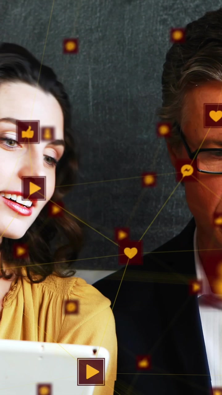 Composition of happy caucasian couple with spots of light over office