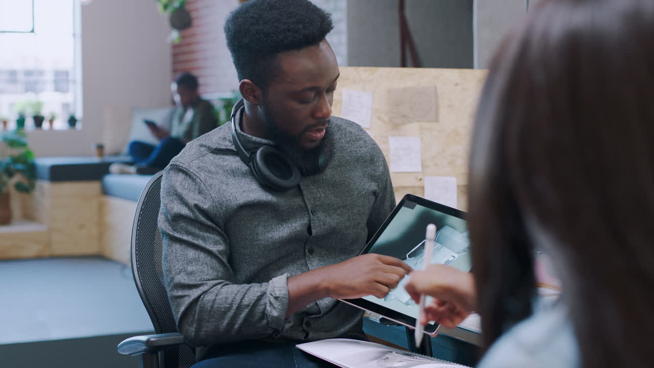 Black man, digital tablet and meeting