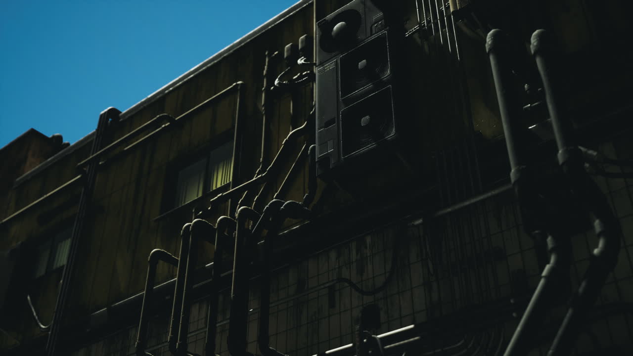 Urban exploration of industrial building from low angle under clear sky