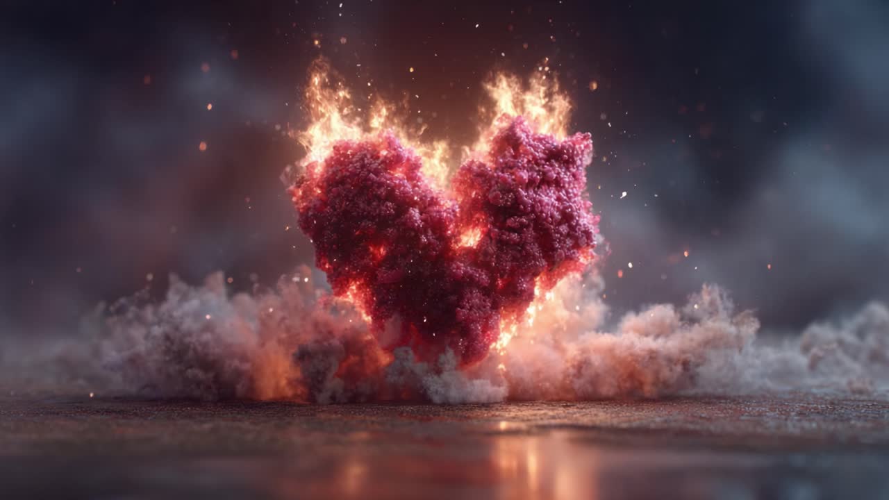 A Vivid Heart Shape Formed by Explosive Flames and Smoke, Symbolizing Passion, Emotion, and Intensity in an Artistic Display of Color and Light Enhancements