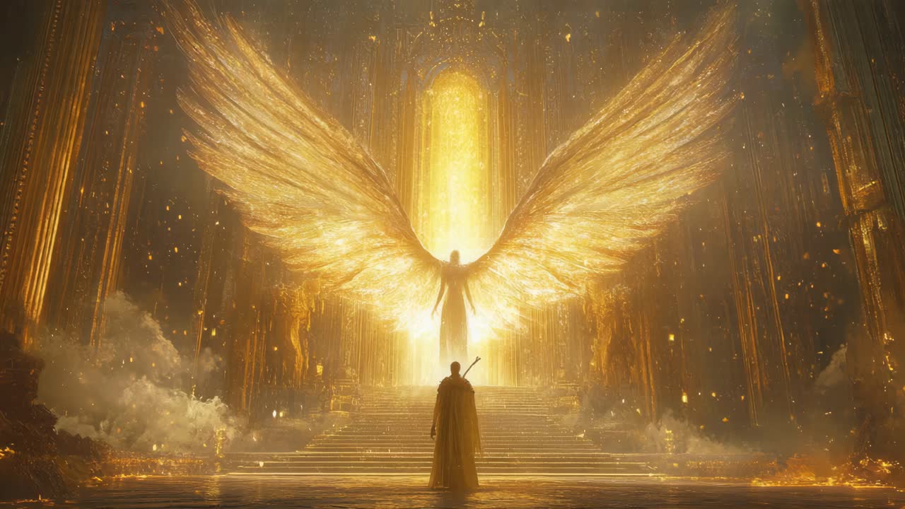Golden Angel and Warrior in a Divine Realm