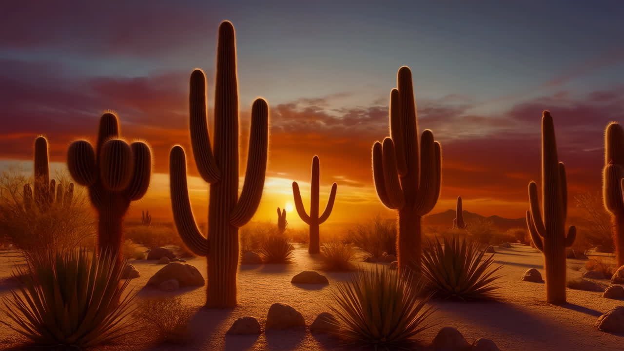 Tramonto vivido su un paesaggio desertico con maestosi cactus Saguaro