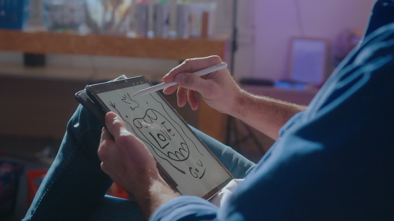 Illustrator Drawing on Digital Tablet in Art Studio