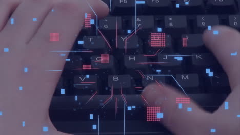 animation of circuit board with data processing over caucasian man using computer keyboard