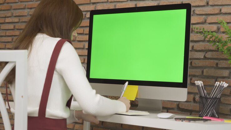 Business Asian woman, young person working from home on table with computer and blank green screen space on webcam video call conference in quarantine in corona virus concept.