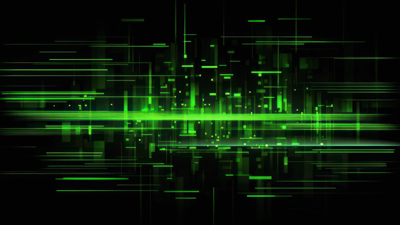 Abstract digital art with green neon lines and geometric shapes, resembling a futuristic video