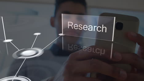 animation of data processing over biracial businessman using smartphone