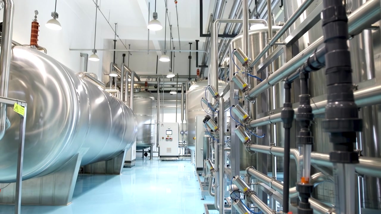 Sterile industrial factory interior manufacturing plant with large stainless steel pipes mixing tanks and processing machinery, production line in food, dairy, or chemical plant engineering industry