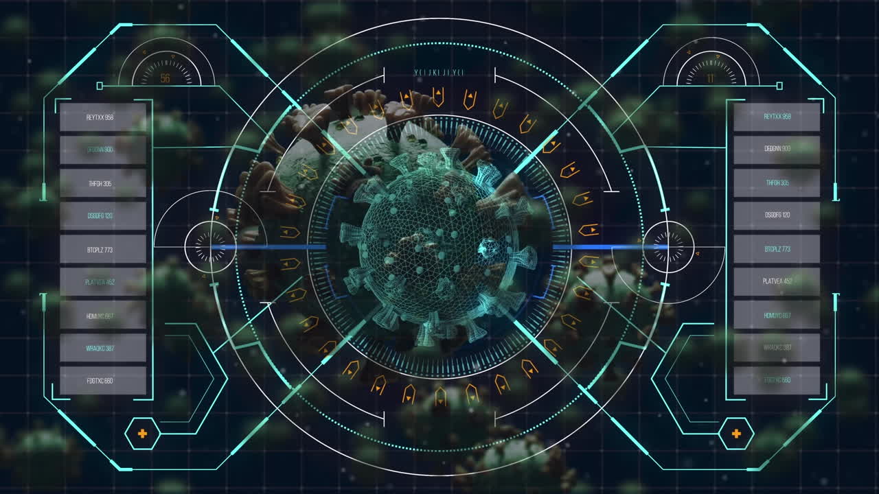 검은색 배경의 코로나19 세포 위의 스 ⁇  스캐닝에 대한 데이터 처리와 디지털 인터페이스