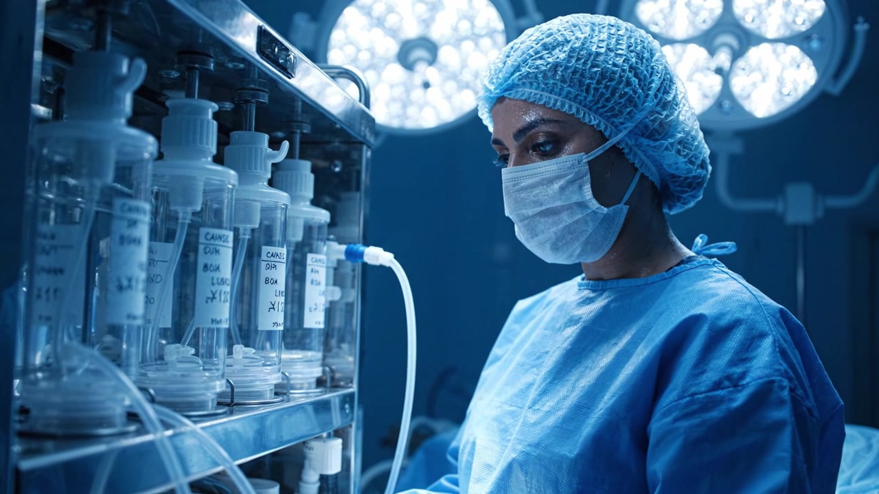 Un profesional de la salud dedicado con atuendo quirúrgico gestionando meticulosamente el equipo médico en un quirófano, garantizando la seguridad y el cuidado del paciente durante los procedimientos