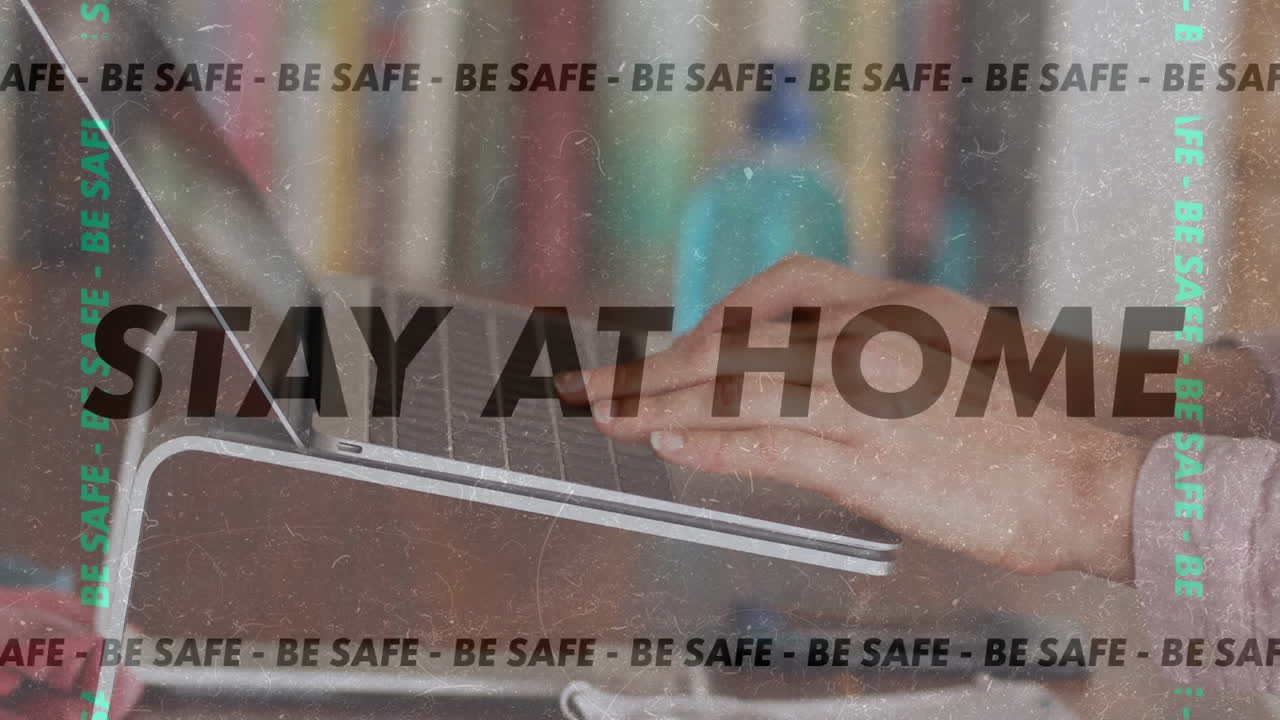 단어의 애니메이션 안전하게 집에 머무르며 노트북을 사용하여 사람을 프레임하고 프레임합니다.