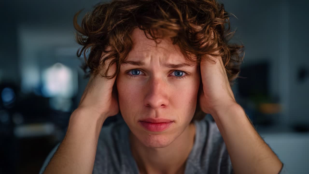 Una persona giovane con i capelli ricci esprime profonda frustrazione e preoccupazione, tenendosi la testa con entrambe le mani, trasmettendo un senso di stress e agitazione emotiva in una stanza scarsamente illuminata