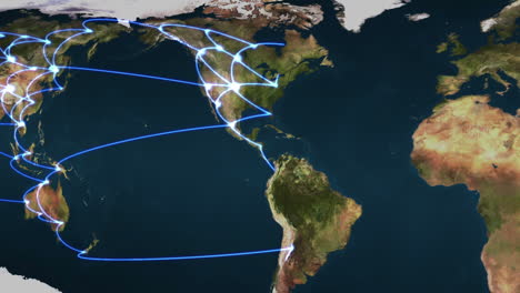 flying over the earth with blue connections