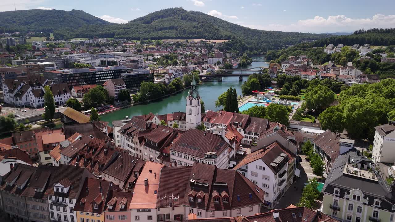 Switzerland Olten Europe medieval old town square aerial drone Swiss alpine