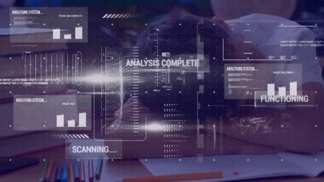 Animation of data processing over caucasian schoolboy in classroom