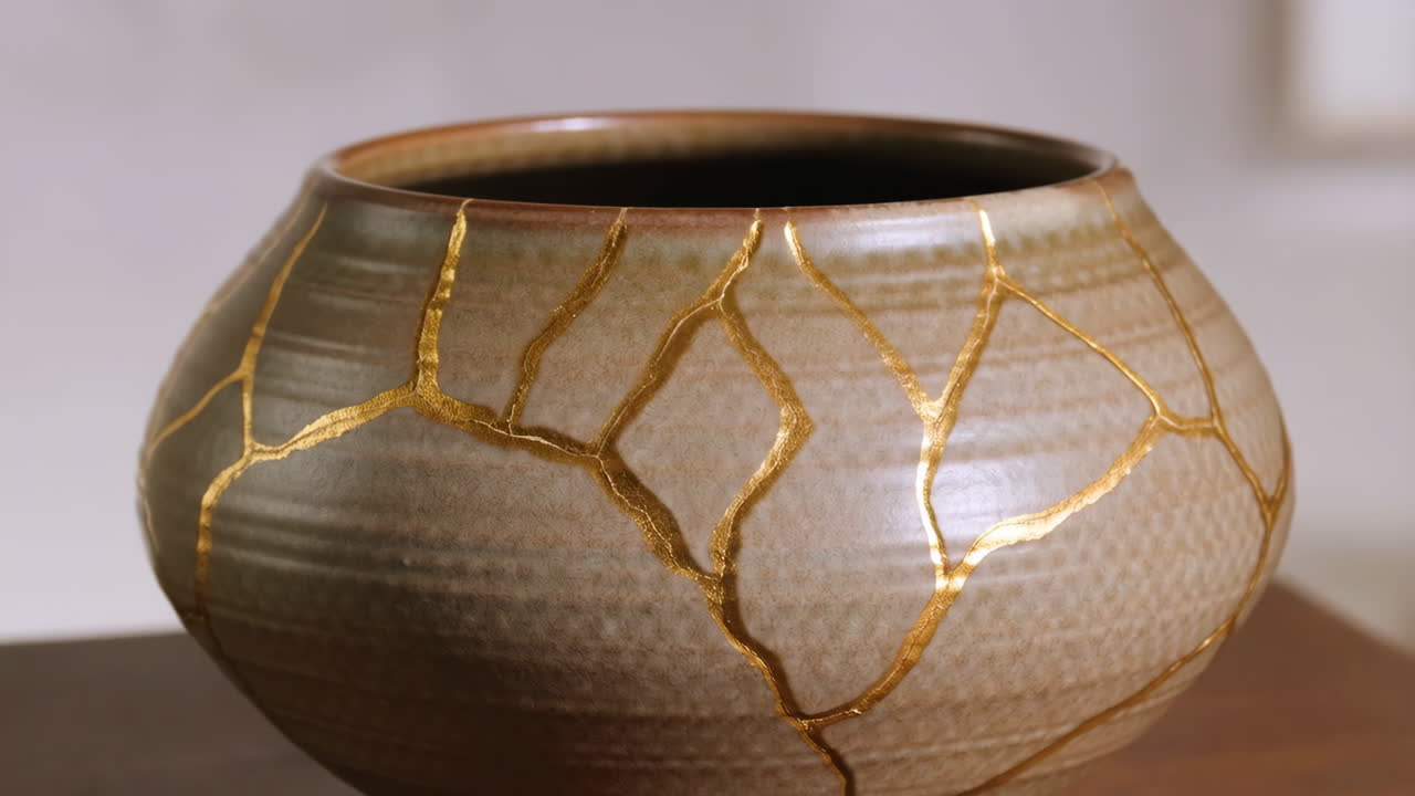 Close-up of a Kintsugi ceramic bowl with gold crack repair