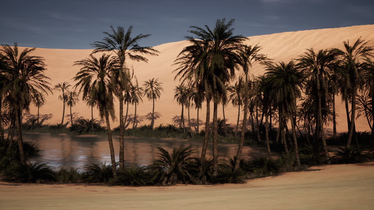 Oasis with palm trees in a desert landscape under a clear blue sky