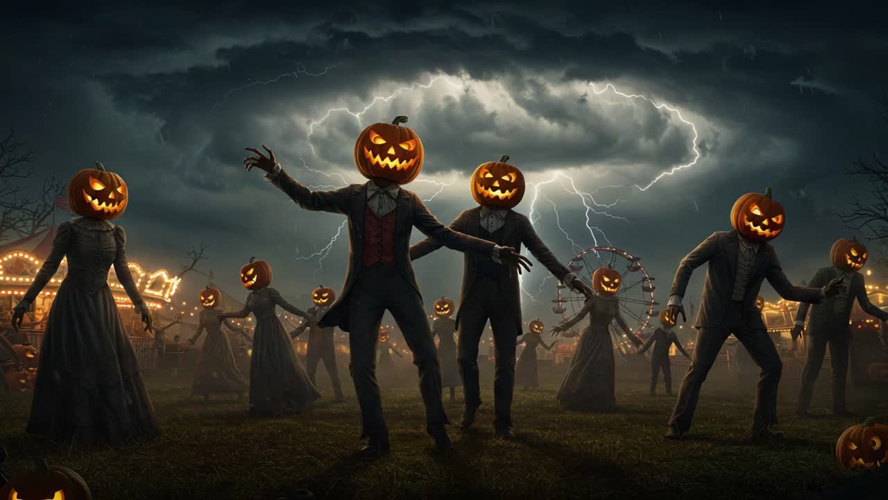 A Spooky Scene of Pumpkin-Headed Figures Dancing Under a Thunderous Sky, Eerie Carnival Atmosphere with Lightning and Haunting Silhouettes in the Background