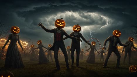 a spooky scene of pumpkin-headed figures dancing under a thunderous sky, eerie carnival atmosphere with lightning and haunting silhouettes in the background