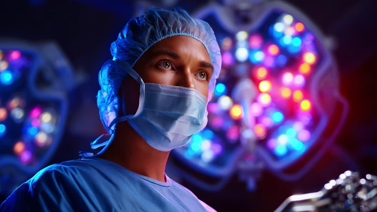 Zdravotník v operačním oděvu a masce s barevnými chirurgickými světly v pozadí, připravený k zákroku, demonstrující odhodlání k dokonalosti ve zdravotnictví