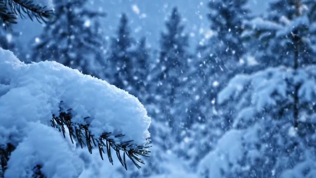 Et fredelig vinterlandskap: Fengslende snødekte trær under et mildt snøfall som skaper et beroligende og pittoresk vinterlandskap