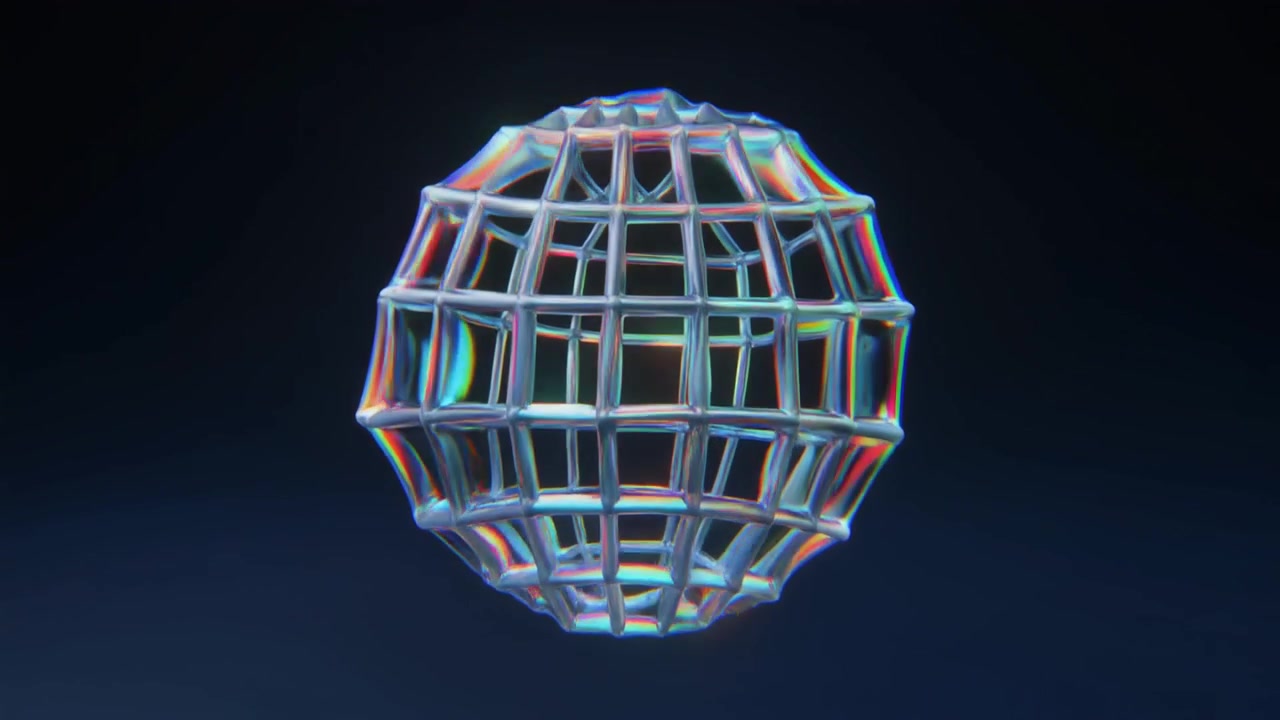 Sfera wireframe astratta rotante con aberrazione cromatica iridescente