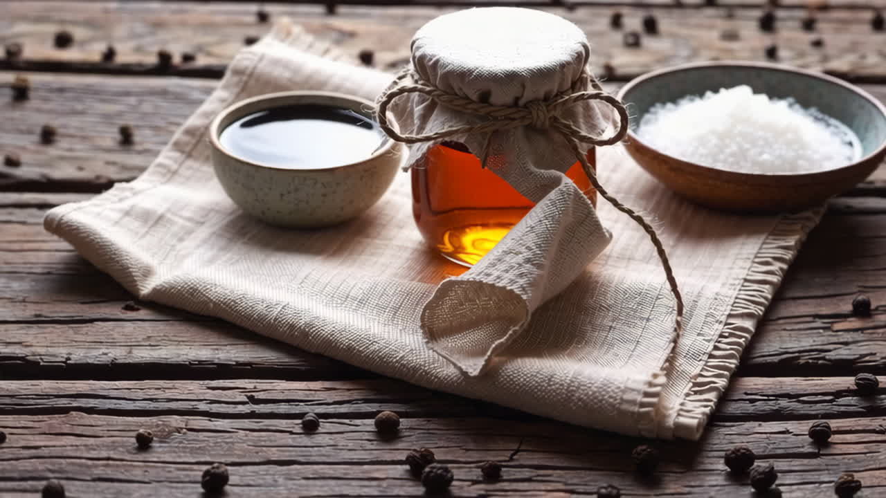Honey, Soy Sauce, Salt, and Pepper on a Wooden Table
