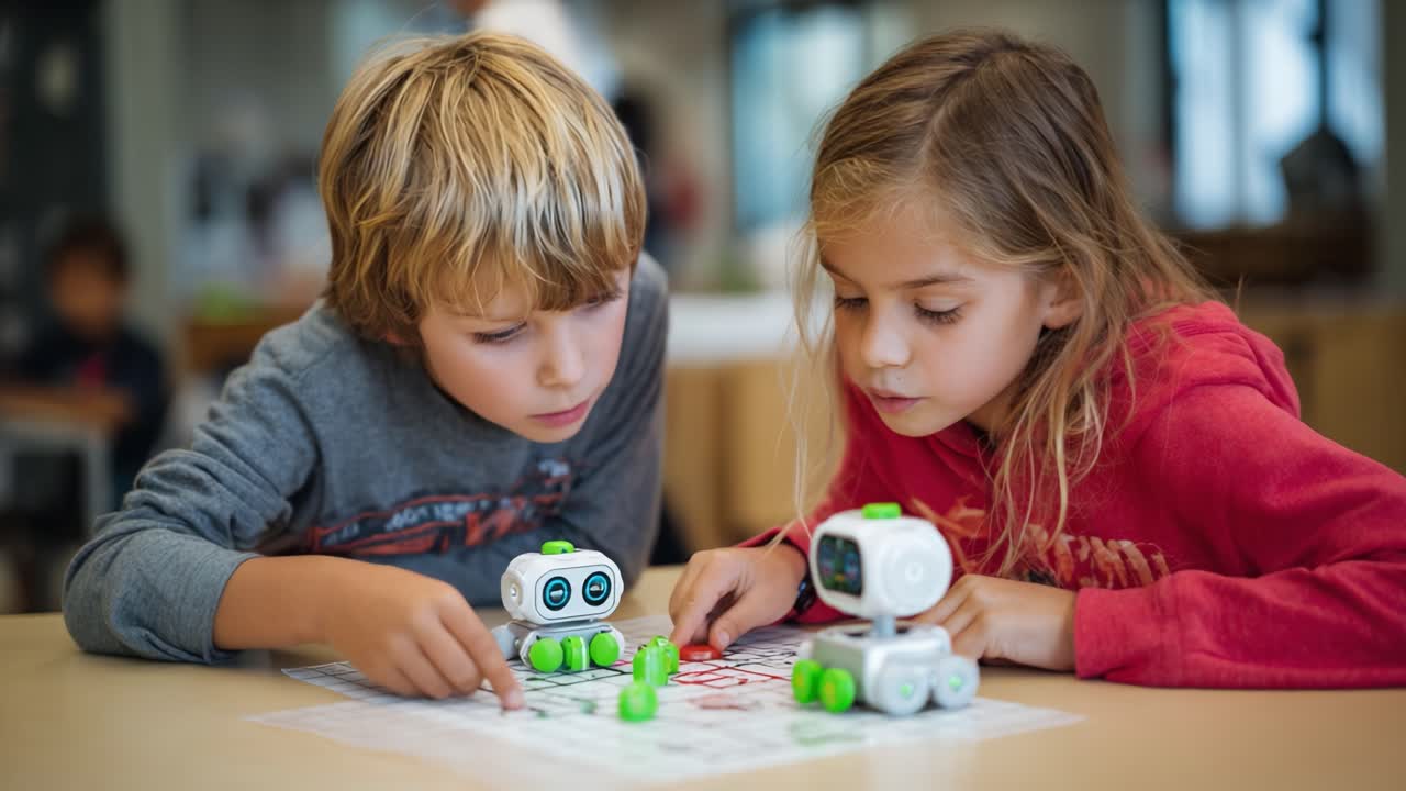 Lasten osallistaminen opetusrobottien avulla: Kaksi lasta tekee yhteistyötä tutkiessaan teknologiaa ja vuorovaikutteista oppimista leikkisien robotiikka-aktiviteettien kautta