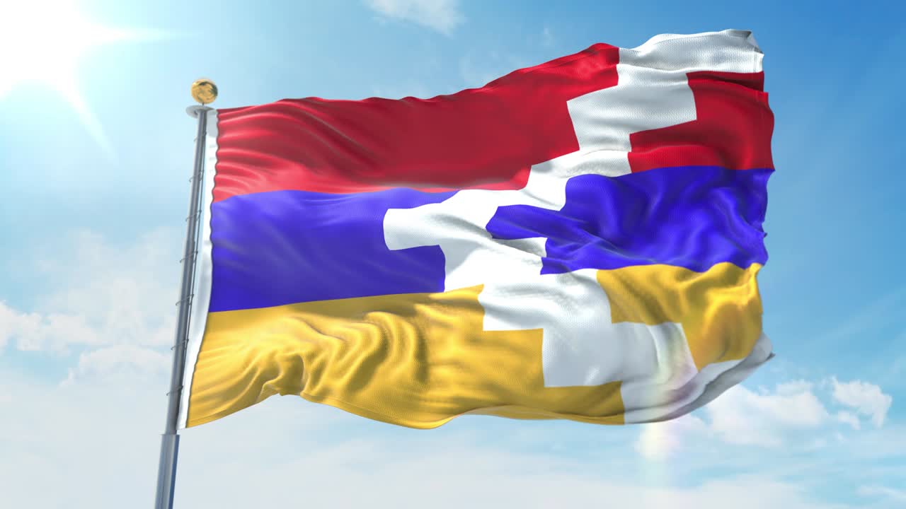 나고르노 카라바흐의 발이 파란 하늘을 향해 바람에 흔들리고 있습니다. 국가 테마, 국제 개념. 3d 렌더리 원활한 루프 4k