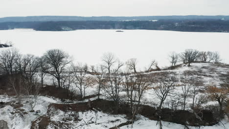 aerial shot of empty winter forest on the shores of a frozen snow covered lake