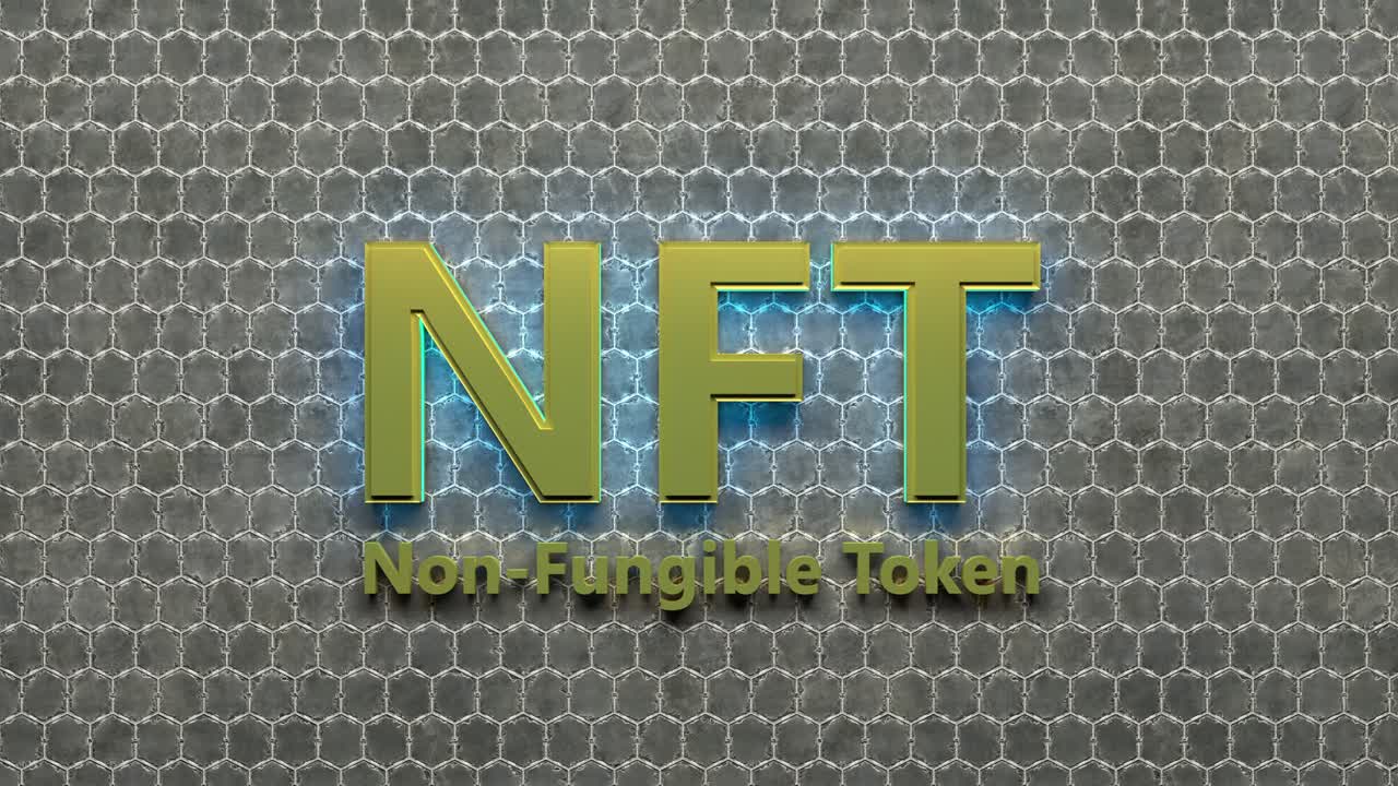 concepto de moneda de arte criptográfico nft. token no fungible con luz parpadeante en fondo abstracto. bucle de renderización 3d sin costuras.