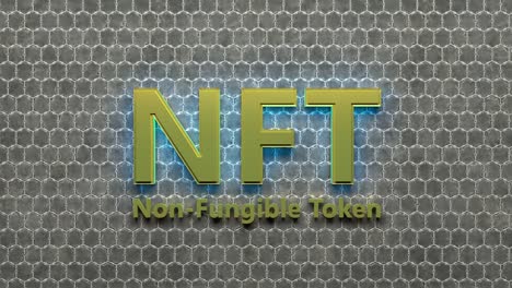 golden nft crypto art currency concept. non fungible token with light flashing on abstract background. 3d rendering seamless loop.