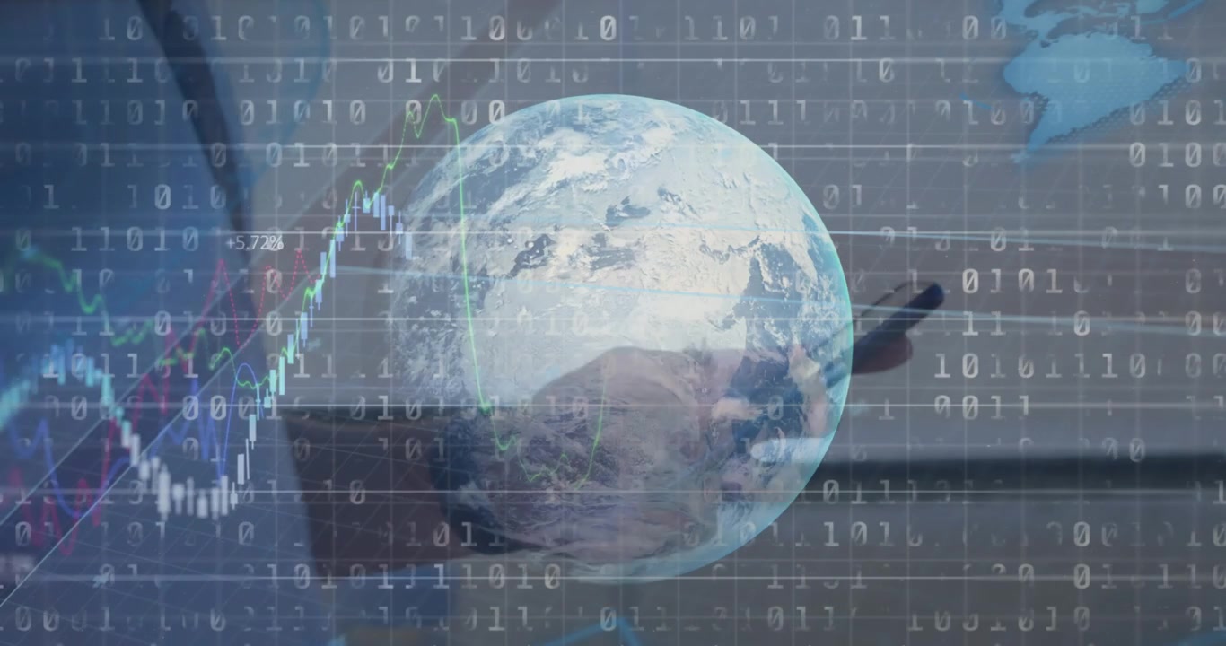 Animation of globe and financial data processing over warehouse