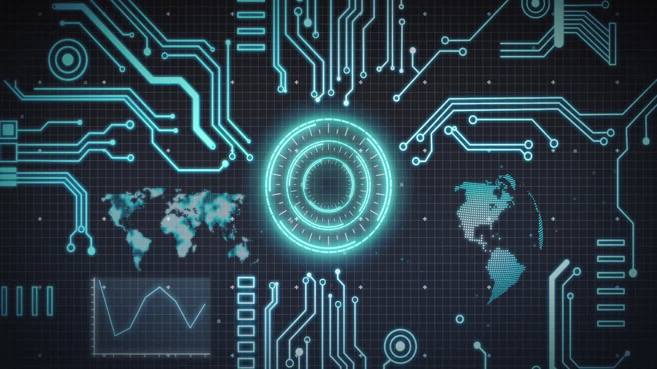 Animation of scope scanning, processor elements, world map and data processing over grid