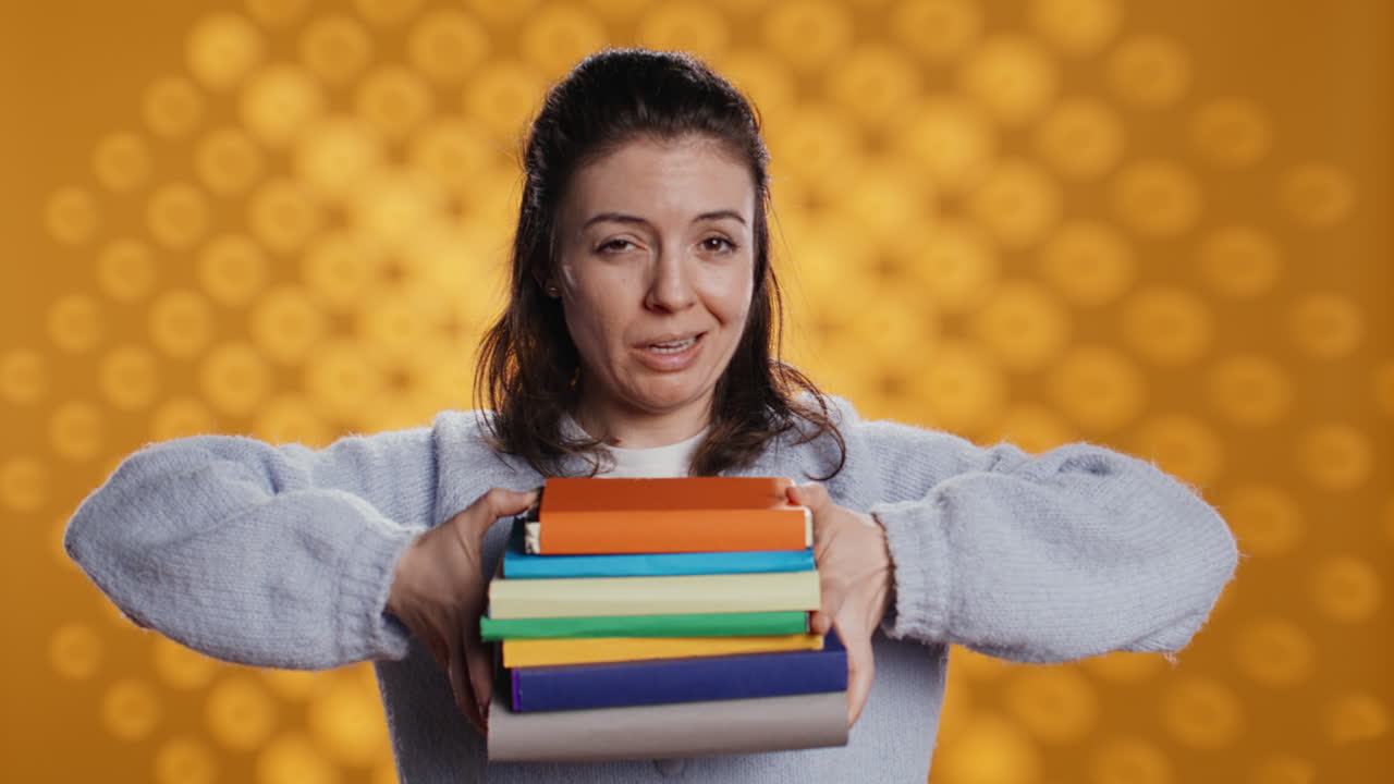 mujer eligiendo entre libros físicos y libros electrónicos, favoreciendo el lector electrónico por su ligereza