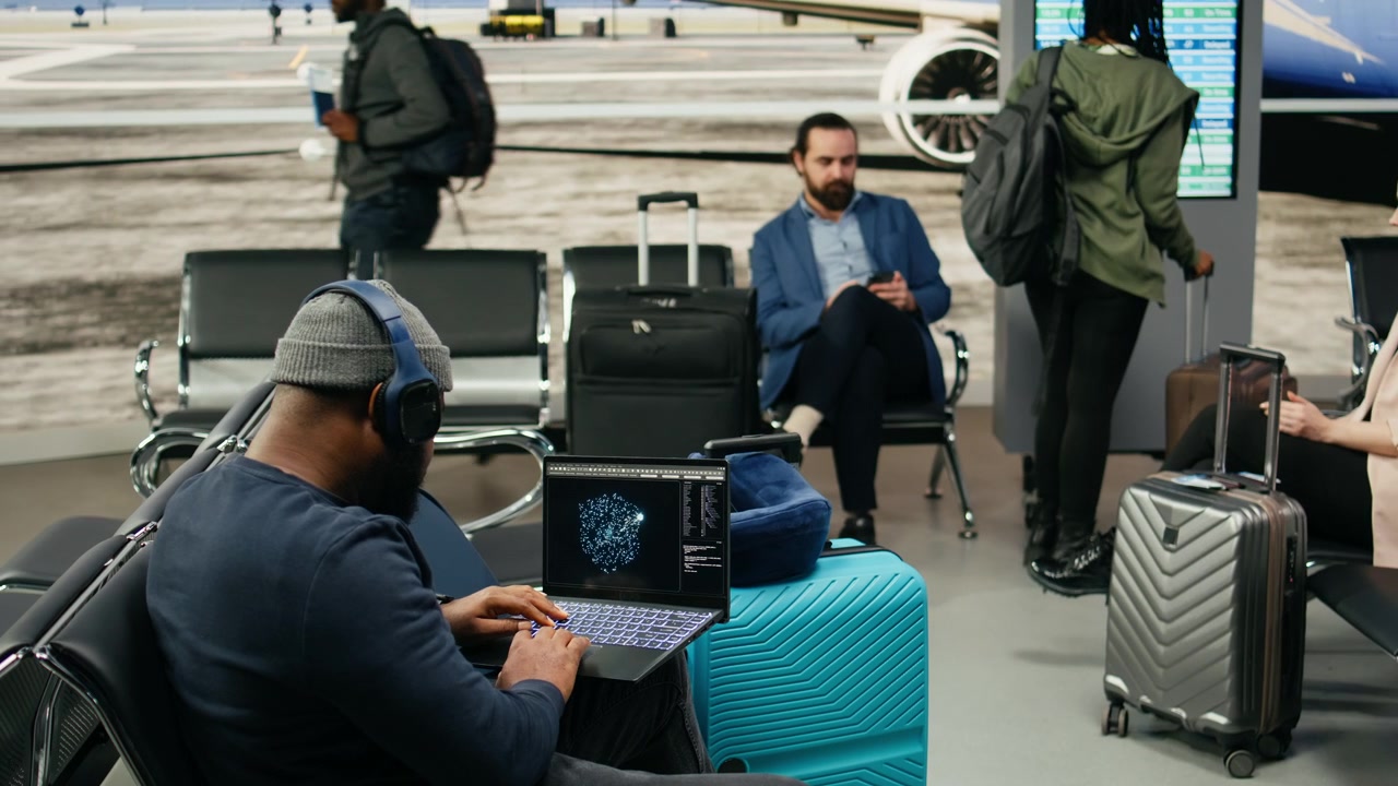 African american casual man using AI neural networks in airport lounge