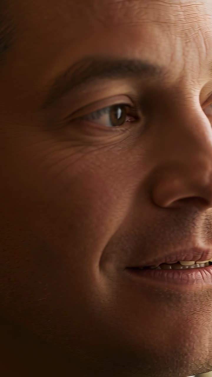 Vertical video: Reacting to offscreen cue man turning and shifting smile in warm lit room, stubble