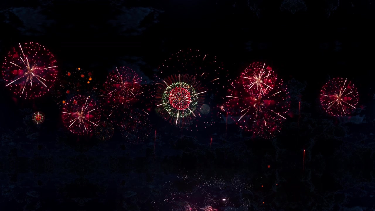 Beautiful golden big shiny fireworks with bokeh lights in the holiday night sky firework show
