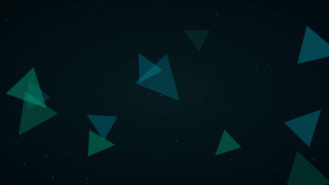Sfondo animato astratto con triangoli color verde acqua fluttuanti e particelle