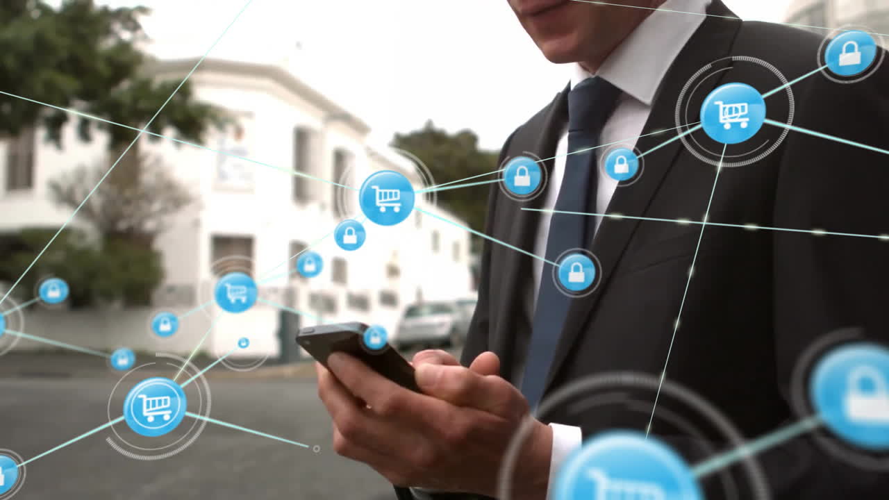 Animation of connected icons over caucasian businessman placing call using smartphone