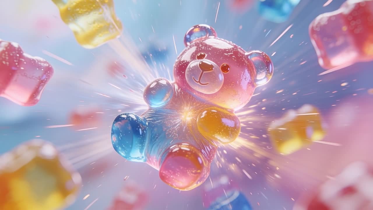 Un orsetto gommoso che emette uno scoppio di scintille dal busto, spingendo caramelle verso l'esterno, per mostrare il prodotto in pubblicità.