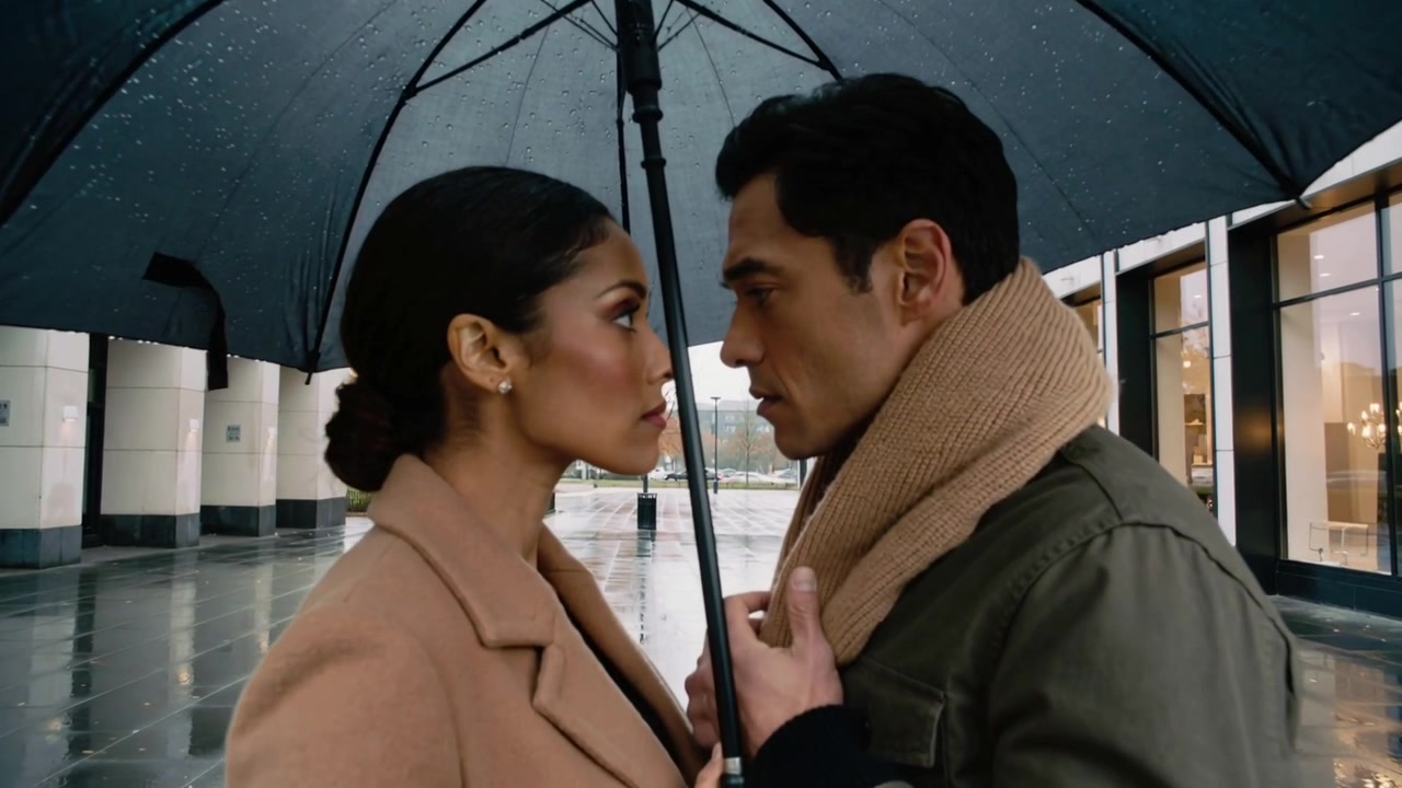 Rain falling, woman in camel coat holding black umbrella, man adjusting beige scarf in green jacket
