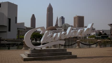 cleveland's north coast harbor script sign time lapse during the day with water movement