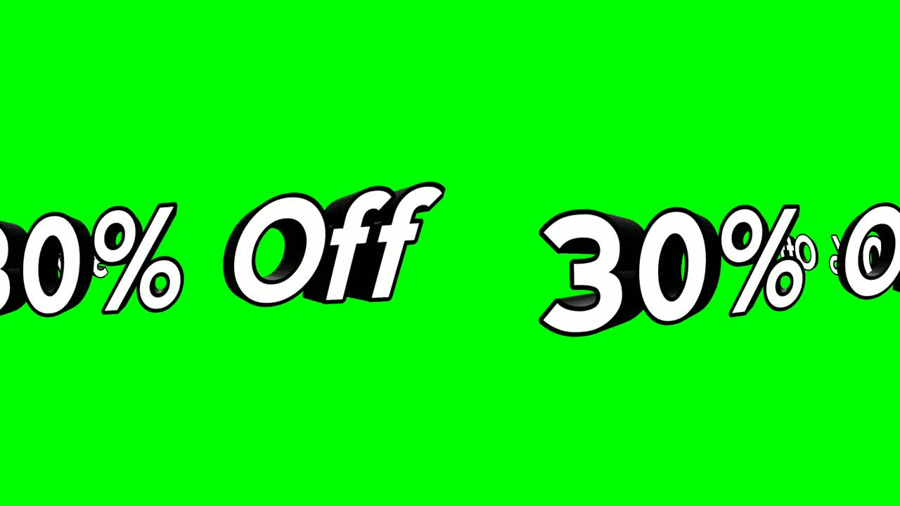 animación caricatura 30% de descuento en texto en ejecución estilo plano animación promocional fondo de pantalla verde 4k