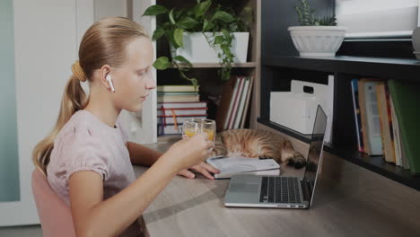 the child is engaged with a laptop in her room, next to her is a red cat