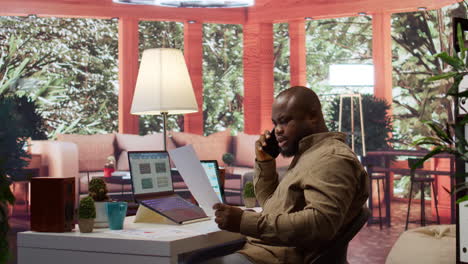 business administrator discussing with the investors on phone call