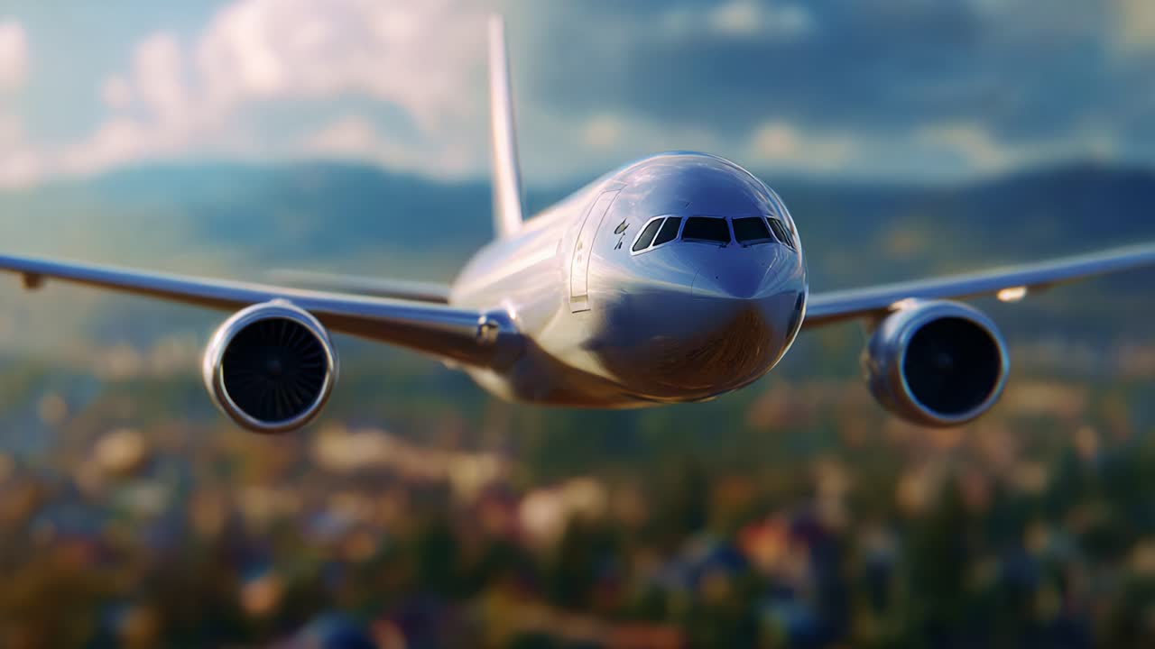 Un aereo di linea commerciale, elegante e potente, che solca il cielo, mostrando il suo design raffinato e l'ingegneria avanzata sullo sfondo pittoresco della natura